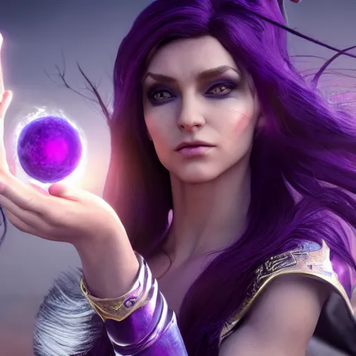 Prompt: 8k unreal engine render of a half-elf sorceress with purple hair from dungeons and dragons, beautiful, symmetrical face, a fireball spell forms in her hands, in a crowded ancient persian city, insanely detailed, depth of field unreal engine ultra-wide angle lens, volumetric lighting, vivid color