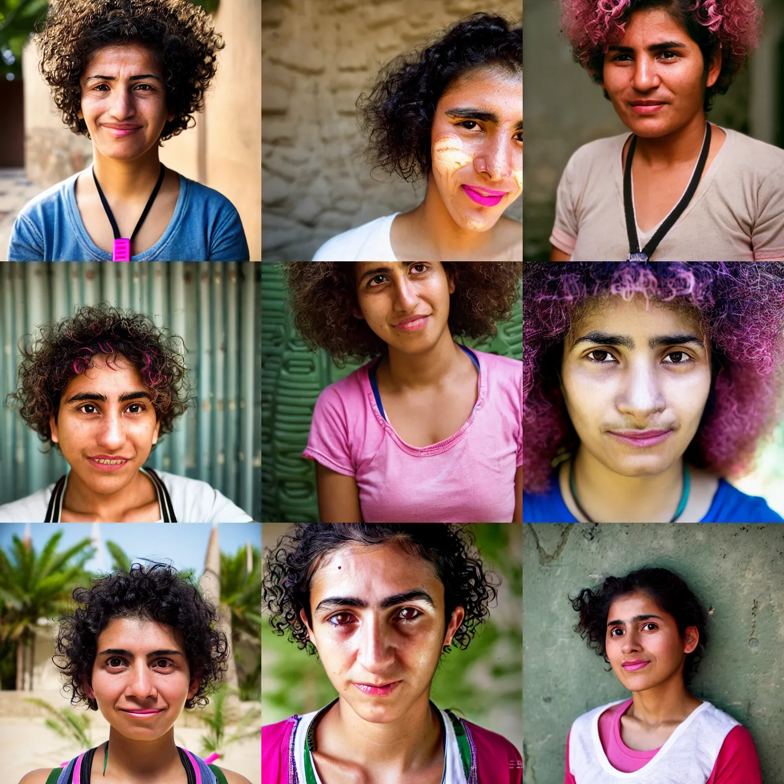 Prompt: photograph of a mexican aztec, slightly oval face, short, pink, stylish hair, wide set downturned eyes, young adult woman smiling wearing a white t - shirt and a lanyard, thin lips, curly hair, nice olive skin, slightly medium width greek nose taken by steve mccurry