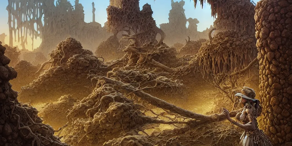 Image similar to a fantasy night desert landscape, ruins, bones, overgrown, arid ecosystem, digital illustration by michael whelan and leyendecker and artgerm, intricate details, surreal, photorealistic, award winning