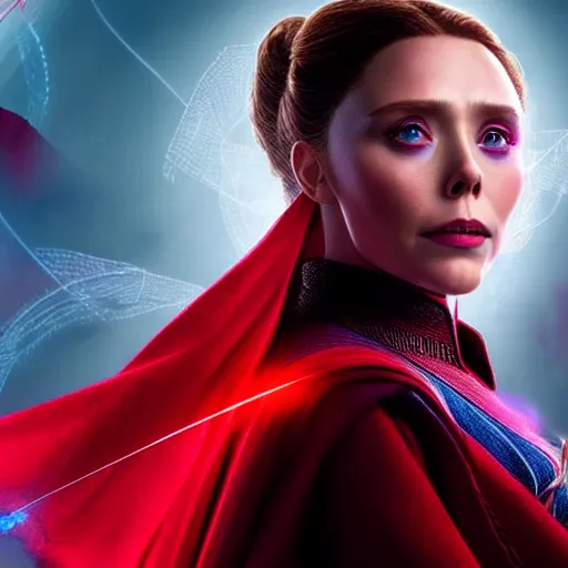 Image similar to A portrait of elizabeth olsen as scarlet witch from the movie doctor strange 2, cinematic, digital art, amazing detail