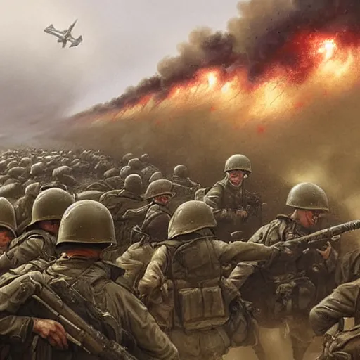 Prompt: all of the soldiers landing at france in 1 9 4 4 d - day and they're all fighting the germans in the background there is a huge explosion in a couple of german bunkers by greg rutkowski