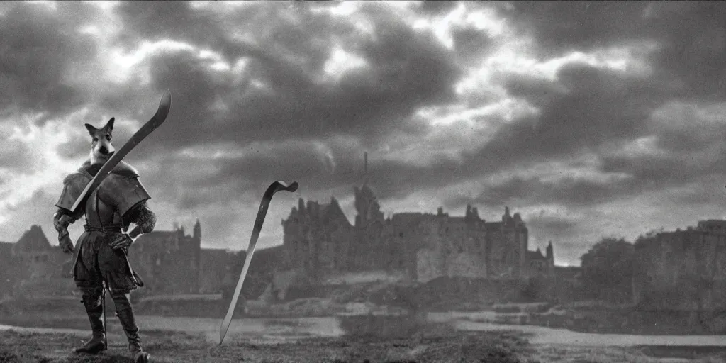 Image similar to anthropomorphic fox who is a medieval knight holding a sword towards a stormy thundercloud 1 9 3 0 s film still, castle in the background