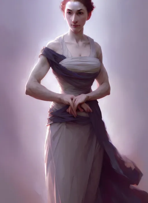 Prompt: character concept portrait of a stoic and proud woman in an elegant gown, pale face, intricate, elegant, digital painting, concept art, smooth, sharp focus, illustration, from Metal Gear, by Ruan Jia and Mandy Jurgens and William-Adolphe Bouguereau, Artgerm