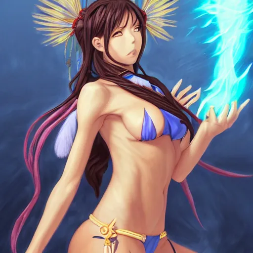 Image similar to anime portrait of a beautiful woman in bikini undress as a shaman yedi using dark force to eliminate trump as an anime antagonist by Stanley Artgerm Lau, WLOP, Rossdraws, James Jean, Andrei Riabovitchev, Marc Simonetti, and Sakimichan, trending on artstation