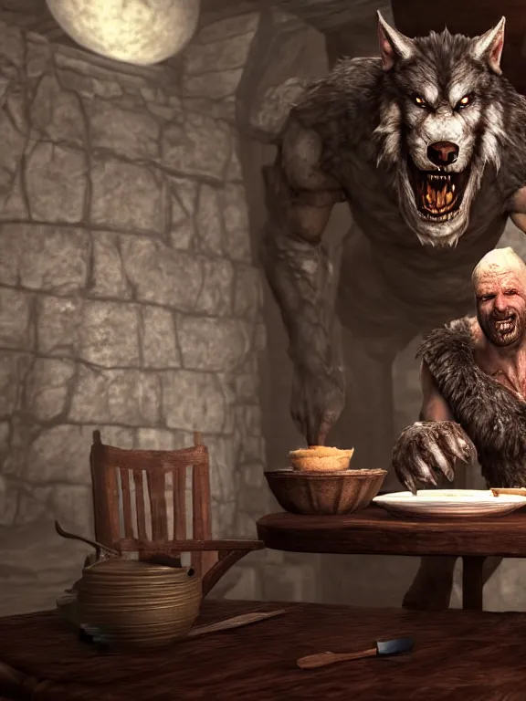 Image similar to cute handsome cuddly burly surly relaxed calm timid werewolf from van helsing sitting down at the breakfast table in the kitchen of a normal country home cooking having fun baking strawberry tart cakes unreal engine hyperreallistic render 8k character concept art masterpiece screenshot from the video game the Elder Scrolls V: Skyrim