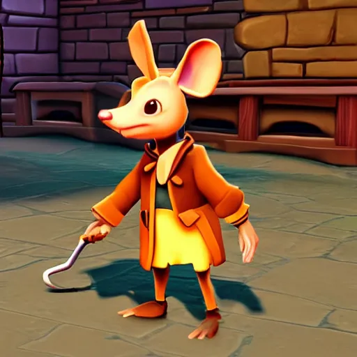 Image similar to screenshot of a cute inspector mouse with a brown trenchcoat as an npc in spyro the dragon video game, with playstation 1 graphics, activision blizzard, upscaled to high resolution