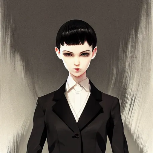 Image similar to girl in tuxedo with black chaotic wavy short haircut, elegant, 2d, ultra highly detailed, digital painting, smooth, sharp focus, artstation, art by Ilya Kuvshinov and Range Murata