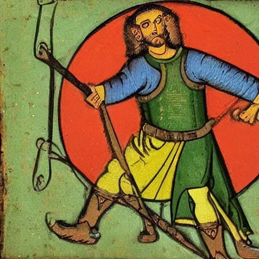 Image similar to a completely green man swinging a frying pan, medieval painting