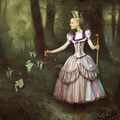 Prompt: Alice in Wonderland, Alice, victorian dress, Alice staring into the distance, surreal forest, painted by Rembrandt, high detail, digital art, trending on artstation