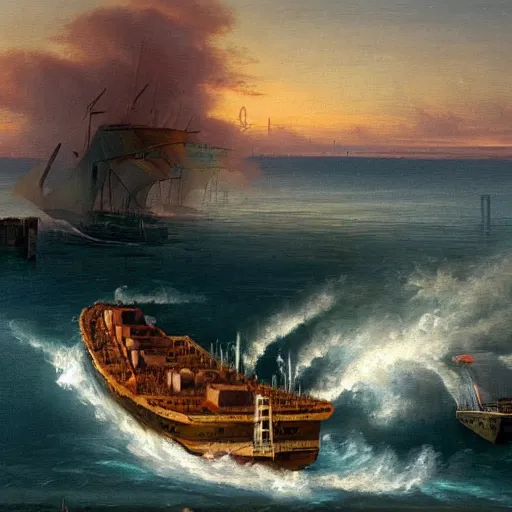 Prompt: a modern oil painting of a ship leaving the dock for paradise, during the apocalypse.