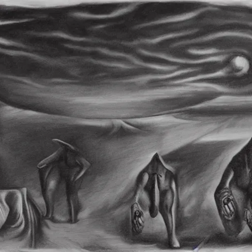 Image similar to surrealism charcoal painting of the end of the world., horror,