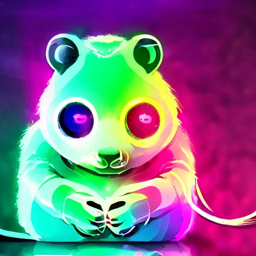 Image similar to cyberpunk hamster! holding rainbow! gem! crystal, neon lights, light reflection, 8 k, hd