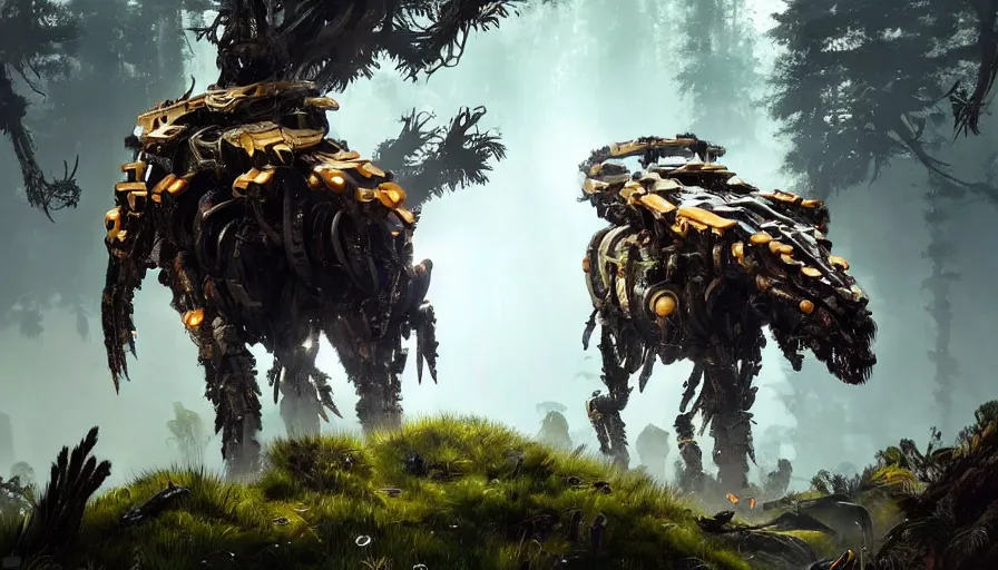 Image similar to walking animal mech covered in gold and silver armor, horizon zero dawn aesthetic, covered in moss and birds, glowing lights, beautiful forests and trees, sunlight, cinematic, concept art, art by John Park and Natasha Tan and Pablo Carpio, trending on artstation, masterpiece.