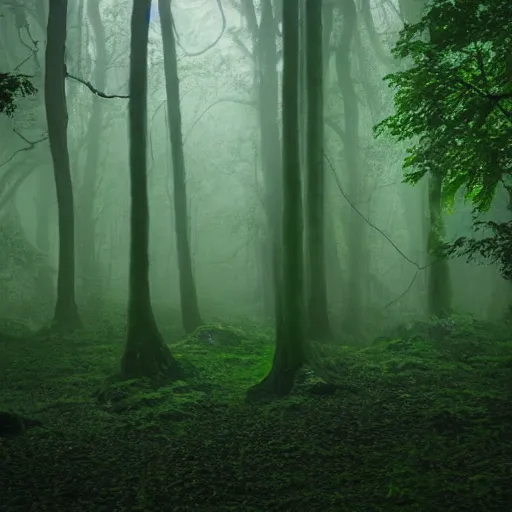 Image similar to deep rain forest scene, dark, dense fog, greenish lights