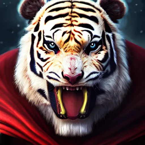 Image similar to a esthetic portrait commission of a muscular antrho albino tiger wearing the superman outfit,hyperdetailed face,character design by charlie bowater,ross tran,artgerm,makoto shibkai,photorealistic,western comic book art,film poster,deviantart,artstation