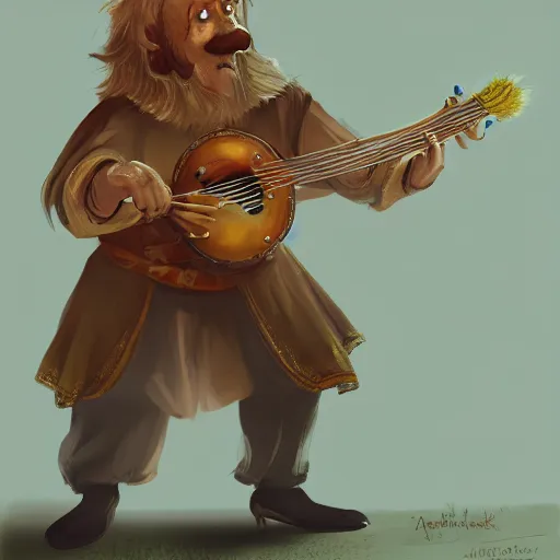 Image similar to anthropomorphic nymphicus hollandicus bard, yellow robe, playing a mandolin, digital art, d & d, character art, trending on artstation