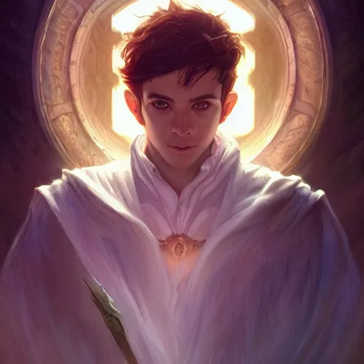 Image similar to a handsome young wizard confused about his decision between dark and light magic, volumetric lighting, D&D, fantasy, intricate, cinematic lighting, highly detailed, digital painting, artstation, concept art, smooth, sharp focus, illustration, art by Artgerm and Greg Rutkowski and Alphonse Mucha