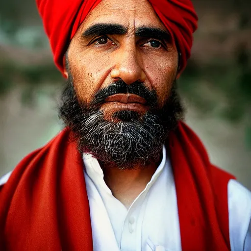 Image similar to portrait of president barack obama as afghan man, green eyes and red turban looking intently, photograph by steve mccurry