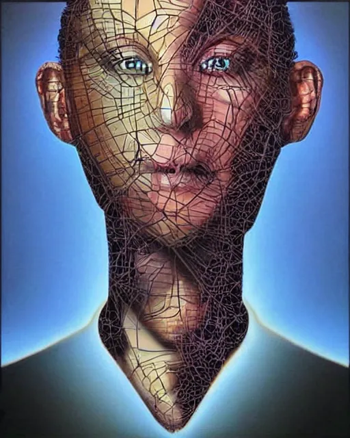 Image similar to mathematics themed surrealist art in the styles of igor morski, jim warren, and wangechi mutu, intricate, hyperrealistic, accurate facial details, profile picture with chromakey!!!!! background, volumetric lighting