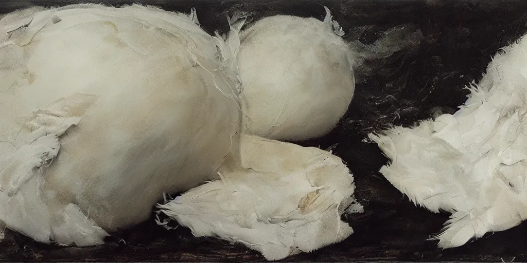 Prompt: white ball, made by swans, feathers, melted. dark atmosphere, dark space. messy image. by andrew wyeth, jenny saville and nicola samori