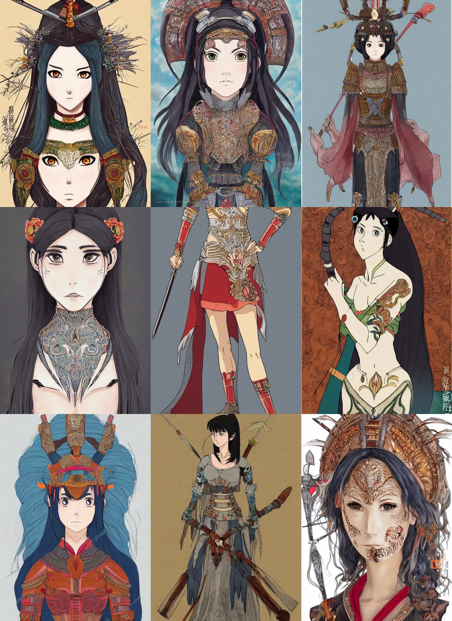Prompt: full body painting of beautiful ghibli studio style female warrior with a beautiful face wearing intricately designed full clothing