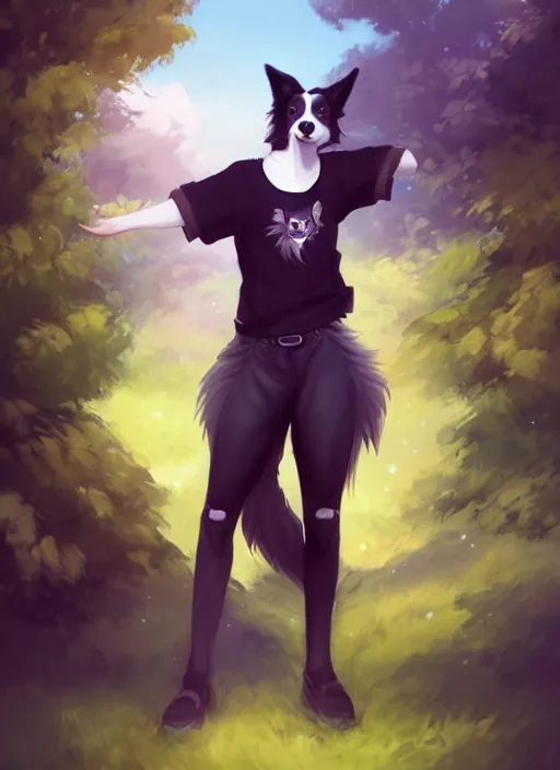 Image similar to wide angle beautiful full body portrait of a cute male anthropomorphic border collie fursona wearing a t - shirt and posing in front of a park, character design by charlie bowater, henry asencio, and ross tran, furry art, furaffinity, scenic background, beautiful, glamor pose, detailed, trending on artstation