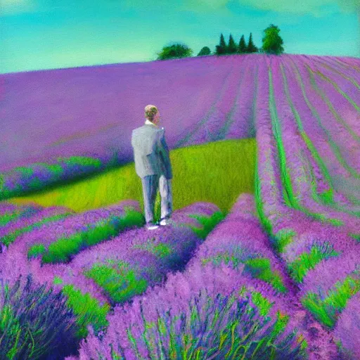 Prompt: albert camus in a lavender field, subtle, intricate details, real masterpiece, oil on canvas