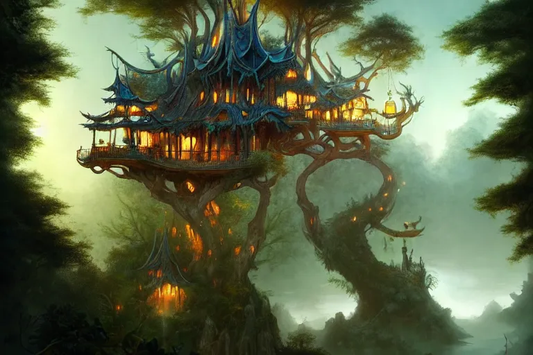 Prompt: treehouse from gaudi in a deep mystical forest , floating chinese lampoons, lake, waterfall, tall people walking and discussing, dynamic lighting, art by peter mohrbacher and john howe on artstation, mix with rivendell architecture, night mood