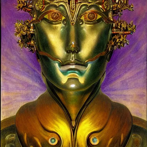 Image similar to masterpiece painting of the head of the robot flower king, by annie swynnerton and jean delville and tino rodriguez, flower mask, symbolist, dramatic lighting, god rays, elaborate geometric ornament, art brut, soft cool colors, smooth, sharp focus, extremely detailed, adolf wolfli