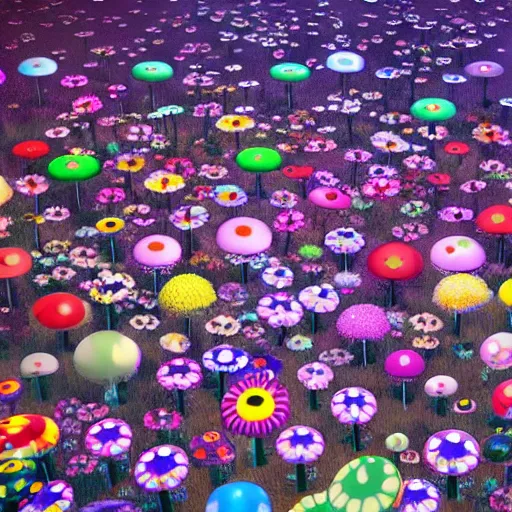 Image similar to Floral psychedelic apocalypse caused by the crashing of the Murakami flower meteor in the peaceful village of mushrooms, unreal engine 5 render, art by Takashi Murakami, Meteor made out of Murakami flowers, tiny mushroom village