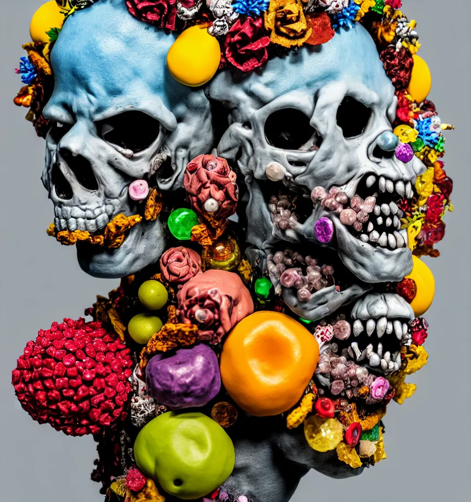 Prompt: headshot of a zombie punk rock star, head made of fruit gems and flowers in the style of arcimboldo, fragonard, photorealistic, dynamic lighting, action figure, clay sculpture, claymation, gray blue and yellow, stage spotlight lighting