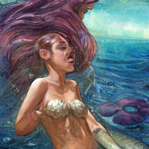 Prompt: scientist interacts with a mermaid, by jon foster