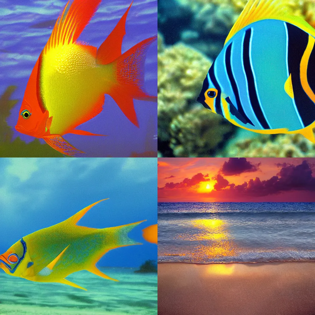 Prompt: french angelfish on a Barbados beach realistic picture sunset