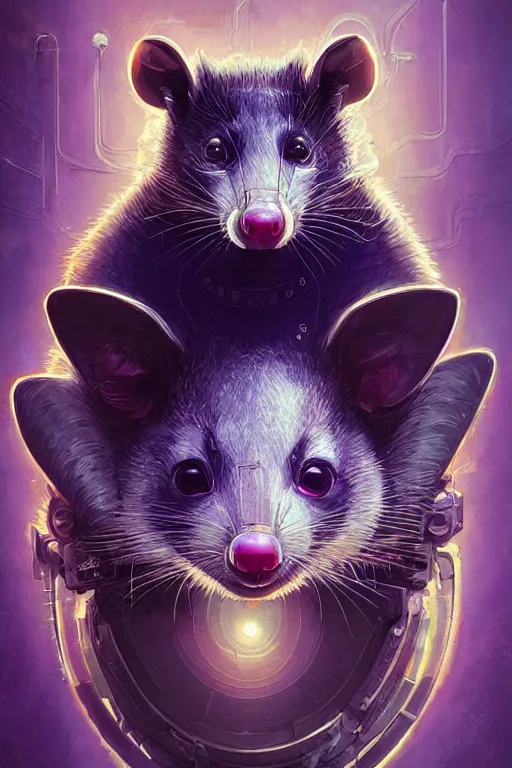 Image similar to a beautiful portrait of a cute cyberpunk opossum by sandra chevrier and greg rutkowski and wlop, purple blue color scheme, high key lighting, volumetric light, digital art, highly detailed, fine detail, intricate, ornate, complex, octane render, unreal engine, photorealistic