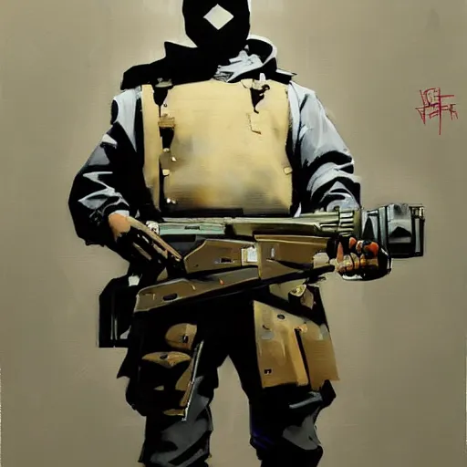 Prompt: greg manchess portrait painting of partially armored banksy as overwatch character, medium shot, asymmetrical, profile picture, organic painting, sunny day, matte painting, bold shapes, hard edges, street art, trending on artstation, by huang guangjian, gil elvgren, ruan jia, randy vargas, greg rutkowski