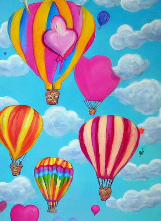 Image similar to detailed painting that is beautiful and whimsical with cotton candy clouds and balloon hearts and flowers inside