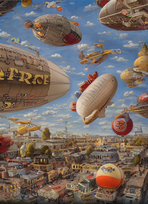 Image similar to wide - angle portrait of tin toy airship parade, depth of field, zeiss lens, detailed, symmetrical, centered, fashion photoshoot, by nicoletta ceccoli, mark ryden, lostfish, earl nore, hyung tae, frank frazetta, breathtaking, 8 k resolution, extremely detailed, beautiful, establishing shot, artistic, hyperrealistic, octane render