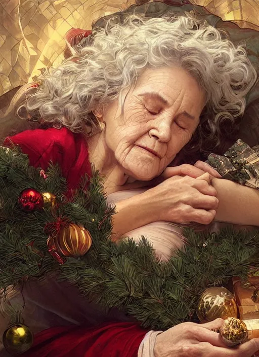 Prompt: old woman with short wavy curly hair, asleep at christmas. surrounded by gifts. high quality detailed face. beautiful painting by artgerm and greg rutkowski and alphonse mucha