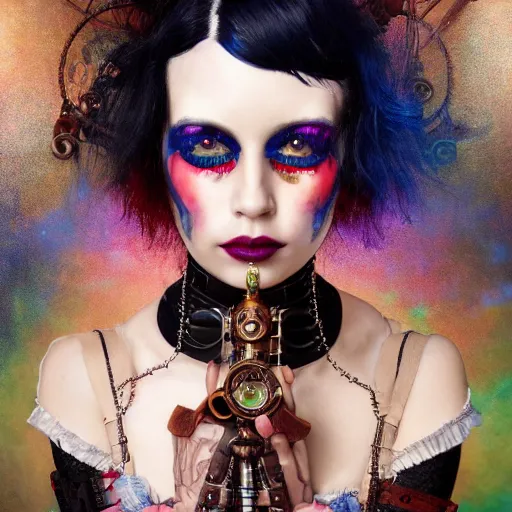 Prompt: photorealistic render of a curiosities carnival, single dollpunk model posing in a full steampunk corset, cyberpunk dyed haircut, looking at camera, symmetry accurate features, focus, rainbow lighting, very intricate details, award winning masterpiece, by tom bagshaw