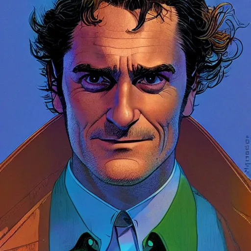 Prompt: photorealistic picture, by jean giraud, moebius, bob peak and alex ross and john romita jr, smooth focus, sharp details, detailed details, bokeh, 4 k, fine 5 k details about joaquin phoenix as arthur fleck joker comic panel volume 1