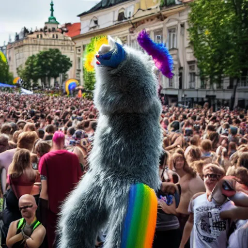 Image similar to a furry dancing to techno at a pride event in Prague, 4K photograph, National Geographic photo