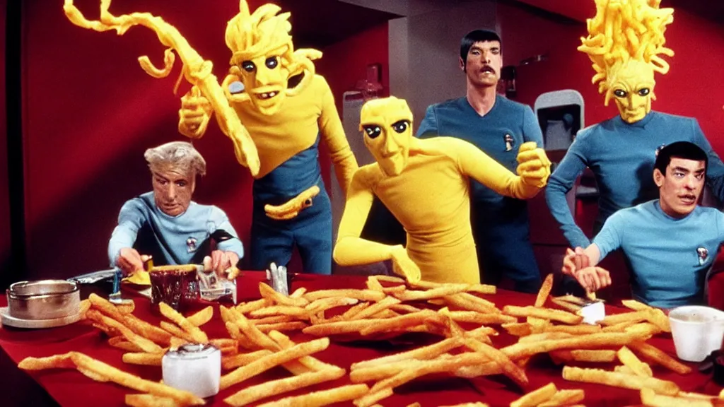 Prompt: french fry monster fighting Star Trek Characters, film still from the movie directed by Denis Villeneuve with art direction by Salvador Dalí, wide lens