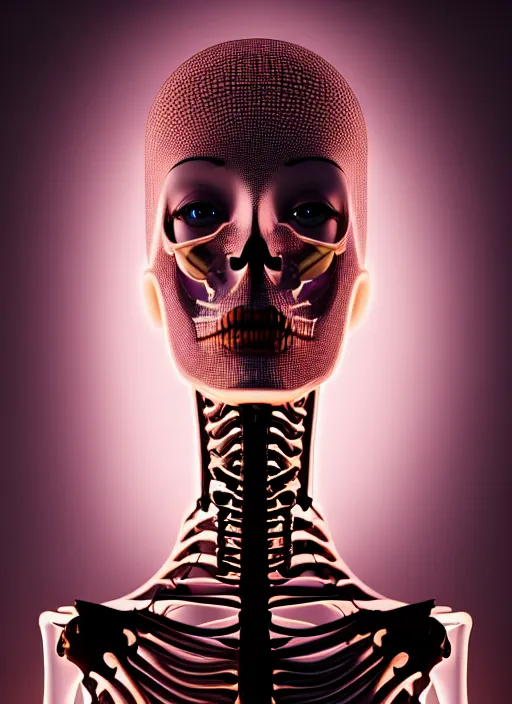 Image similar to portrait of an absurdly beautiful, graceful, sophisticated, fashionable futuristic female skeleton with sections of skin showing, glowing internal light, hyperdetailed illustration by irakli nadar and alexandre ferra, intricate linework, faberge, intricate chrome headdress, dark atmosphere, glowing red eyes, unreal engine 5 highly rendered, global illumination, radiant light, detailed and intricate environment