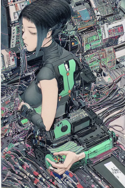 Prompt: an hyper-detailed cyberpunk illustration of a female android with bob cut seated on the floor in a tech labor, seen from the side with her body open showing cables and wires coming out, by masamune shirow, and katsuhiro otomo, japan, 1980s, centered, colorful