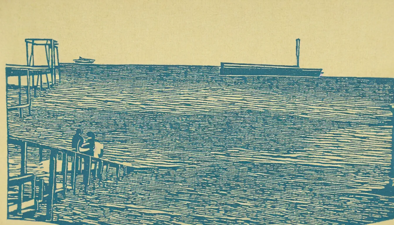 Prompt: sitting at the end of the dock woodblock print