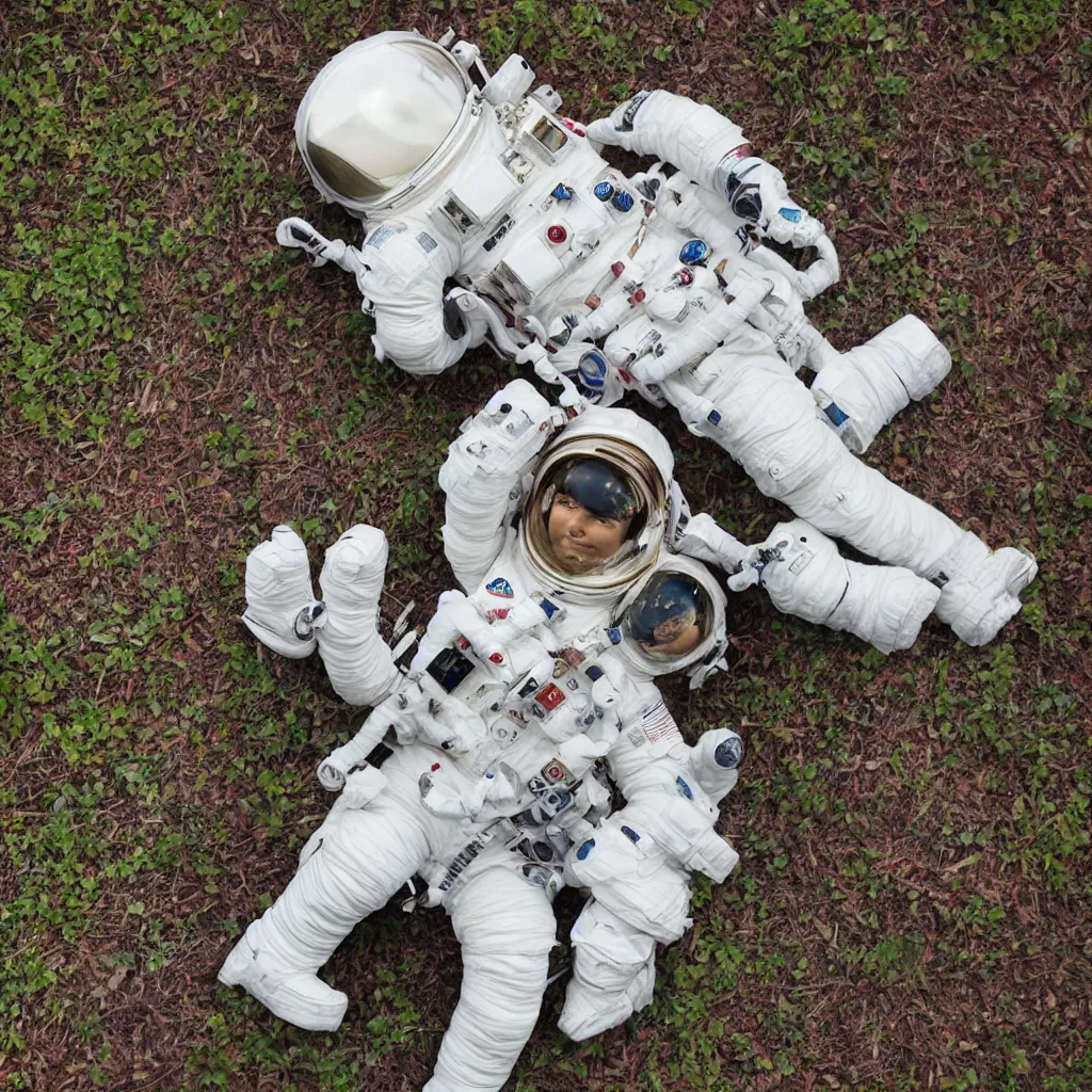 Prompt: astronaut sitting on a couch in the forest