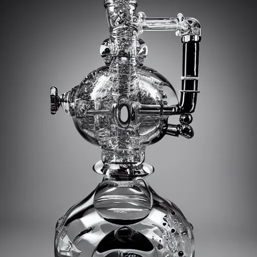 Image similar to studio photography of the world's most expensive bong, multiple and complex network of pipes, made of chrome, swarovski, detailed, ornaments, studio lighting