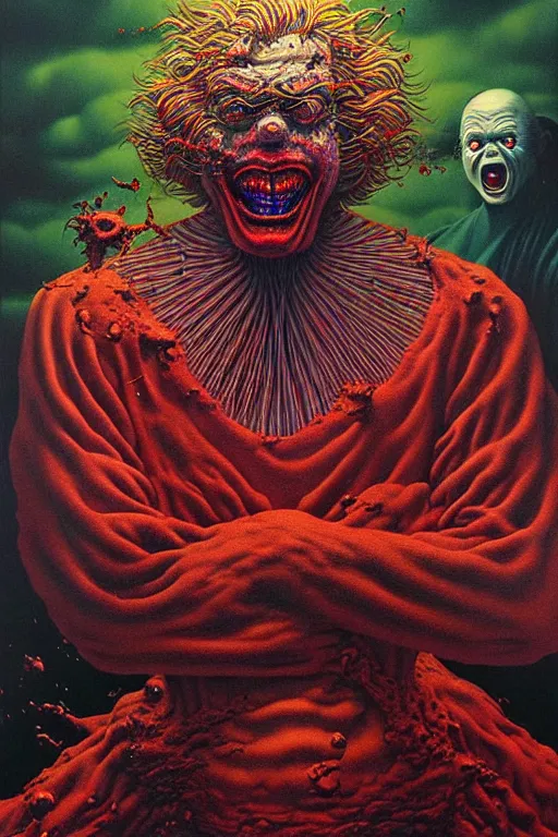 Image similar to a hyperrealistic painting of a evil boss fight against tyrant ronald mcdonald, cinematic horror by chris cunningham, lisa frank, richard corben, highly detailed, vivid color, beksinski painting, part by adrian ghenie and gerhard richter. art by takato yamamoto. masterpiece