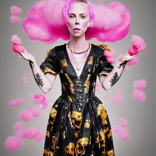 Prompt: “ 8 k, octane render, realism, tonalism, renaissance, rococo, baroque, portrait of charlize theron wearing long - harajuku manga - dress with flowers and skulls, cotton candy!! ( background chaotic gold leaf flowers ) ”