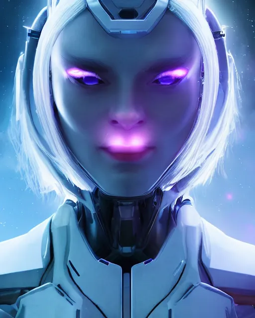 Image similar to perfect android girl on a mothership, warframe armor, beautiful face, scifi, futuristic, galaxy, nebula, raytracing, dreamy, long white hair, blue cyborg eyes, sharp focus, cinematic lighting, highly detailed, artstation, divine, by gauthier leblanc, kazuya takahashi, huifeng huang